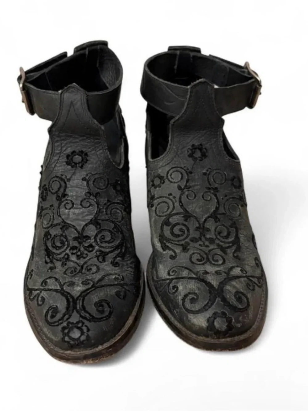 Free People x Farylrobin Lina Ankle Leather Booties Embroidered Black Sz 7 - Picture 3 of 8